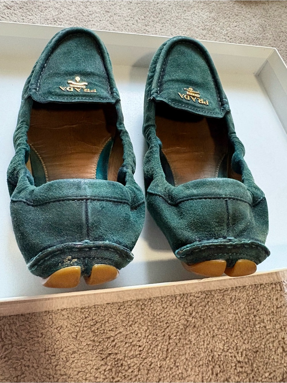 Prada Suede Loafers with Gold Logo - Picture 5 of 7